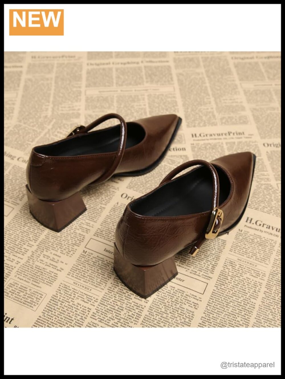 Pointed Toe Mary Jane Block Heel Pumps Faux Leather - Picture 5 of 5